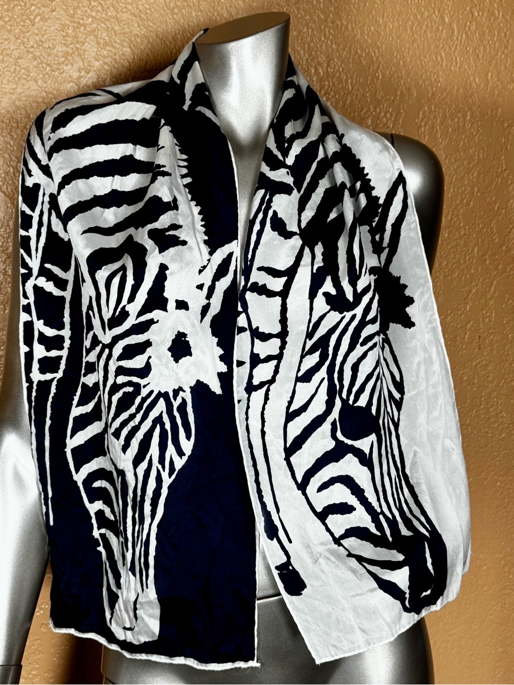 Vera Neumann Vintage Navy Blue & Ivory Zebra print light as air Silk Scarf